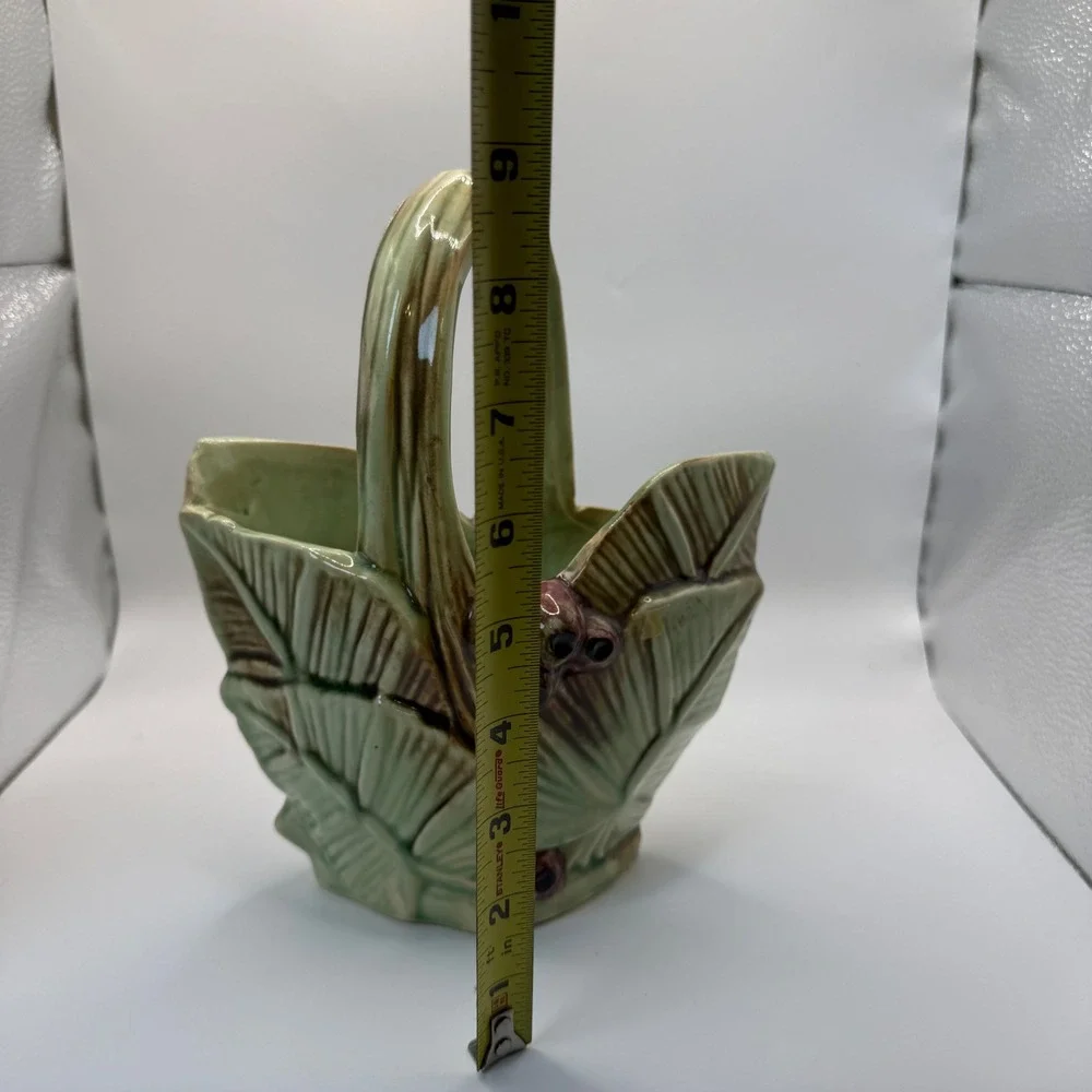 Vintage McCoy Pottery Leaf and Berry Basket Planter Green Brown Glossy USA